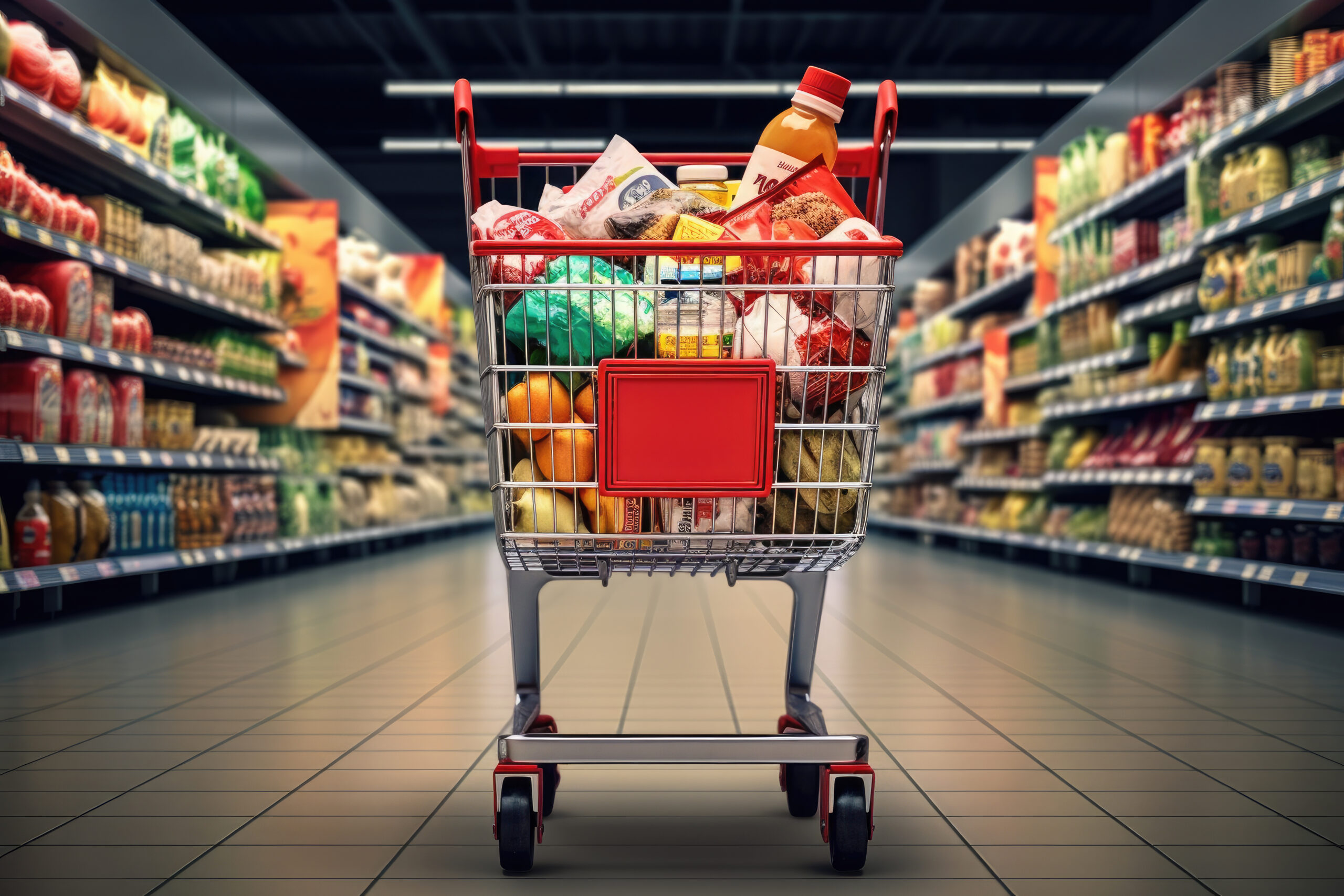 shopping cart full of products inside a supermarket